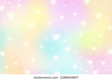 Antecedentes de los corazones pasteles. Fondo de pantalla del unicornio arcoiris para el día de San Valentín. Gradiente giratorio de fantasía mágica. Dibujo romántico vectorial de caricatura.