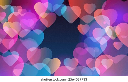 Pastel hearts background. Rainbow unicorn wallpaper for Valentine day. Magic fantasy girly gradient. Cartoon vector romantic illustration. Rainbow lens flare effect, camera film filter dust, grain.