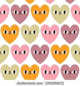 Pastel hearts with eyes, cute valentine characters in candy colors, vector seamless pattern
