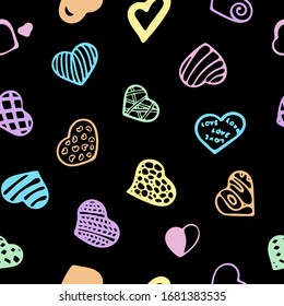 Pastel Hearts On Black Background Seamless Pattern. Vector Illustration Of Flat Heart Symbol. Graphic Design In The Concept of Love. Love Symbol for Valentines Day.