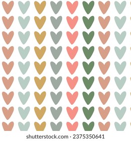 Pastel hearts row seamless pattern. Colorful hearts repeat on white background. Scandinavian style romantic design vector illustration.