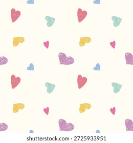 Pastel hearts seamless pattern. Hand drawn heart background. Kids love illustration. Playful chalk pencil crayon texture. Whimsical valentine wallpaper. Cheerful baby textile fabric scrapbook design