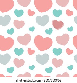 Pastel Hearts Seamless Pattern, Repeating Flat Vector Pattern, Pink And Blue Hearts On A White Background, Suitable For Fabric Printing, Baby Products, Packaging, Wallpaper