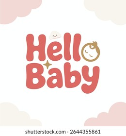 Pastel Hello Baby Lettering with Baby Face and Clouds – Vector for Baby Shower and Nursery