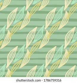 Patrón ininterrumpido de hierbas pasteles con hojas esquemáticas. Fondo verde con tiras. Ilustración vectorial. Diseño escandinavo de moda para la impresión textil de moda, papel pintado, papel envolvente.