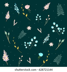 Pastel herbs and flowers seamless pattern over turquoise background. Vector illustration