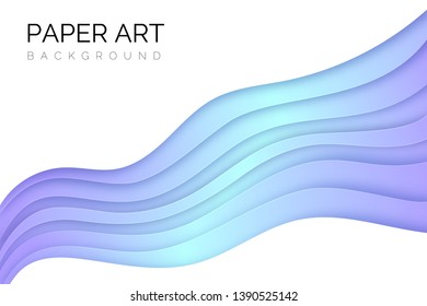 Pastel holographic 3d abstract paper cut background with violet and blue diagonal wave and black text on the white. Colorful flowing origami design for banners, posters and flyers.