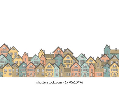 Pastel horizontal backdrop with scandinavia colored house  faсades on white background.  At home close to each other.
Graphic cityscape card. Hand drawn vector  illustration.
