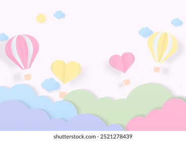 Pastel hot air balloons and clouds fly in the sky with copy space. Paper art background.
