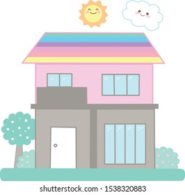 pastel house sun and cloud vector