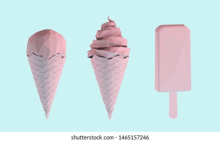 Pastel Ice Cream Collection. Set of Pink Gelato on Pastel Blue Background. Low Poly Vector 3D Rendering