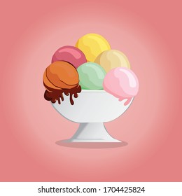 Pastel ice cream on pink background with different flavors. Tasty colorful ice cream set for summer decorative, sweets, dessert, web design or print. Vector Illustration.