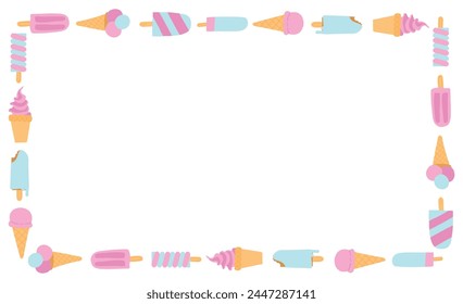 Pastel ice cream and popsicle border on a blank background, perfect for summer invitations, vector illustration.