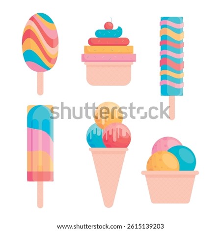 Pastel Ice Cream and Popsicle Vector Set with Colorful Scoops and Cups