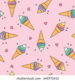 Pastel ice cream seamless pattern with cute hearts on pink background