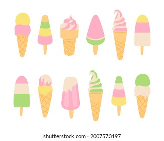 Pastel ice cream set. Summer mood. Perfect for stickers, prints or cards. Flat vector illustration.