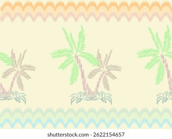 Pastel Ikat Pattern with Twin Palm Trees, Ocean Wave Borders and Soft Tropical Theme, baby fabric, hawaiian vibe, sunset tropical, Summer