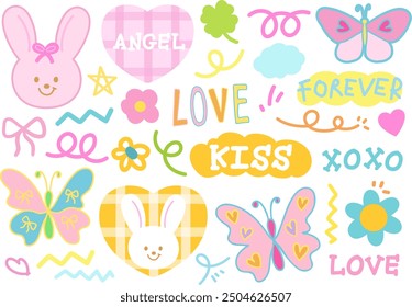 Pastel illustration of bunny, butterfly, clover leaf, flower, pink ribbon, text messages including angel, love, kiss, xoxo, forever for animal, happy easter, cartoon character, comic, mascot, brooch