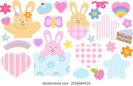 Pastel illustration of bunny, butterfly, heart, cake, donut, flower, star, rainbow for animal, pet shop, vet, zoo, souvenir shop, happy easter, cute patch, kid doll, sticker, sweet dessert, Valentine