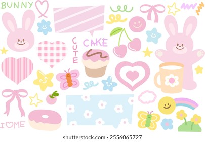 Pastel illustration of bunny, butterfly, heart, cupcake, donut, ribbon, flower, stars for animal, pet shop, vet, zoo, souvenir shop, happy easter, cute patch, doll, sticker, sweet dessert, Valentine