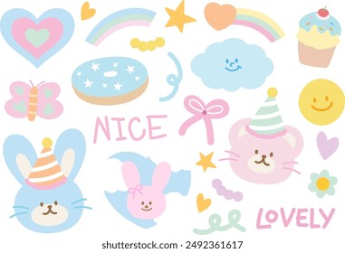 Ilustración pastel de conejito, osito de peluche, arco iris, corazón, mariposa, donut, cupcake, sombrero de fiesta, nube para personaje de dibujos animados, cómic, mascota, postre dulce, parches lindos, estampado de camisa, pascua, animal, y