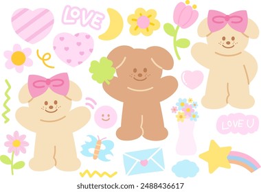 Pastel illustration of cute puppy, heart, flower, love letter, star, rainbow, clover leaf, pink ribbon for animal, pet, vet, dog sticker, brooch, cute patches, cartoon character, plush toy, doll, icon