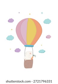 pastel illustration of an Easter bunny flying in a hot air balloon with clouds and stars. Soft nursery style artwork for spring holiday, children posters, greeting cards, nursery decor, wall art, prints, and seasonal design projects.