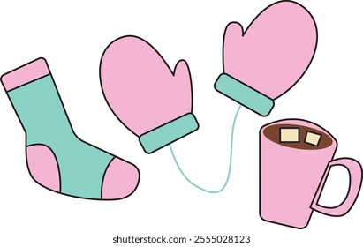 A pastel illustration featuring mittens, a sock, and a mug of hot cocoa with marshmallows.