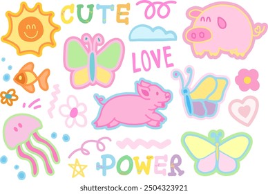 Pastel illustration of pig, butterfly, jellyfish, sun, heart, flower for animal, farm, souvenir shop, aquarium, cute patches, kid doll, emoji, shirt print, cartoon character, comic, mascot, brooch, ad