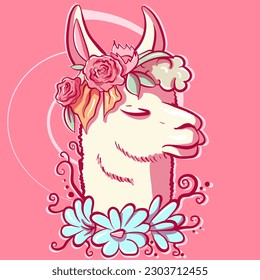 Pastel illustration of a pink llama with flower decorations around her head. Vector art and digital drawing of an alpaca with a rose bouquet.