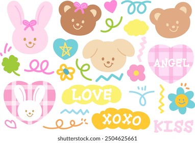 Pastel illustration of puppy, bunny, teddy bear, clover leaf, flower for animal, pet shop, vet, zoo, souvenir shop, easter, floral print, angel font, typography, text, message, cute patches, kid doll