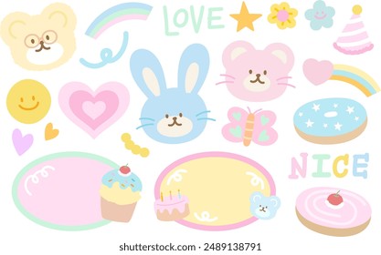 Pastel illustration of teddy bear, bunny, rainbow, star, flower, butterfly, heart, donut, cupcake, party hat for cartoon character, animal, zoo, easter, floral print, name tag, kids, patches, brooch