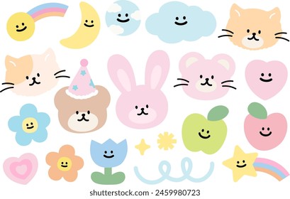 Ilustración pastel de oso de peluche, gato, conejito, flor, nube, luna, arco iris, estrella, manzana para animales lindos, zoológico, tienda de mascotas, primavera, verano, dibujos animados, personaje, niños, niño, pegatinas, frutas, Clima