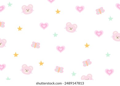 Ilustración pastel de osito de peluche, corazón, estrella, mariposa sobre fondo blanco para Fondo de pantalla animal, zoológico, tienda de recuerdos, dibujos animados de telón de fondo, tela infantil, edredón, manta, pijamas, tarjeta de San Valentín, envoltura de regalo