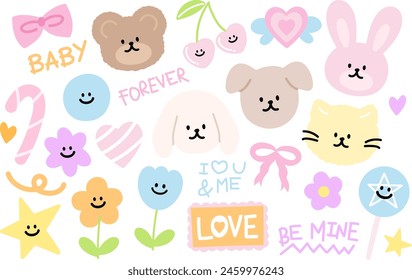 Pastel illustration of teddy bear, puppy, cat, bunny, pink ribbon, cherry, flowers, candy, heart, star for cute animals, zoo, pet shop, vet, spring, summer, cartoon, character, kids, toddler, stickers