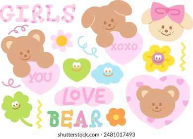 Pastel illustration of teddy bear, puppy, clover leaf, cloud, heart, flowers for animal print, vet, pet shop, zoo, cute patches, plush toy, doll, girls sticker, floral, summer, love sign, valentine