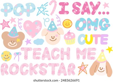 Pastel illustration of teddy bear, puppy, party hat, candy cane, heart, happy emoji, cupcake, star, wordings of rockstar, omg, cute, pop for cartoon, character, animal print, font, sticker, logo, icon