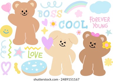 Pastel illustration of teddy bear, rainbow, cloud, flower, heart, donut for cartoon character, animal, zoom souvenir shop, floral print, kids, cute patches, brooch, plush toy, doll, font, typography