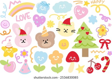 Pastel illustrations of bunny, teddy bear, cat, Christmas tree, candy cane, red ribbon, flowers, rainbow, cloud, heart, star for winter decoration, animals, sticker, plush toy, kid doll, floral print