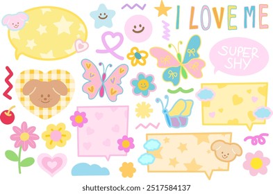 Pastel ilustrações de borboleta, cachorrinho, cereja, flores, coração, estrela, letras SUPER SHY, bolhas de texto para animal, pet shop, hotel de estimação, férias de verão, impressão floral, voltar para a escola, elementos de flor