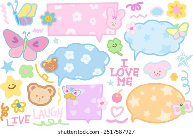 Pastel illustrations of butterfly, puppy, teddy bear, bunny, clover leaf, star, text bubbles for cartoon, animal, pet, zoo, souvenir shop, summer break, floral pattern, garden, blossom elements, icons