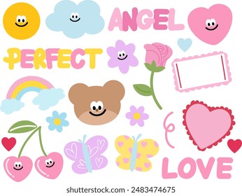 Pastel illustrations of heart cherry, teddy bear, rose, heart, butterfly, flower, rainbow, cloud, LOVE letters for Valentine stickers, patches, cartoon, character, card, icon, summer, floral print, ad