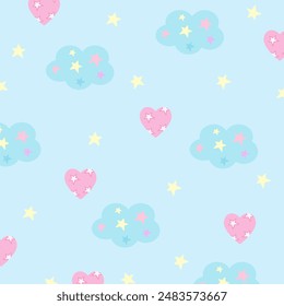 Pastel illustrations of heart, cloud, star on a pastel blue background for cute wallpaper, backdrop, Valentine card, fabric print, gift wrap, packaging, paper design, pattern, picnic blanket, duvet