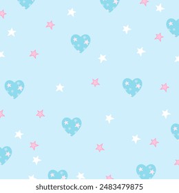 Pastel illustrations of heart and star on a pastel blue background for cute wallpaper, backdrop, Valentine card, fabric print, gift wrap, packaging, paper design, pattern, picnic blanket, duvet, cloth