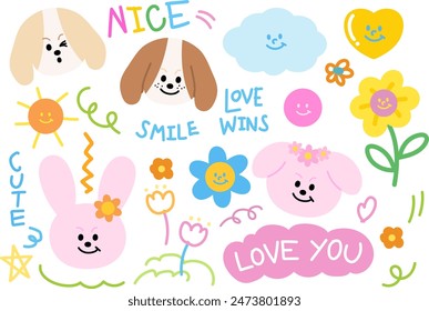 Pastel illustrations of puppy, bunny, cloud, heart, flowers, sun, star, doodles for animal icon, logo, sticker, easter, zoo, adopt pet, vet, cartoon character, comic, mascot, cute patches, valentine