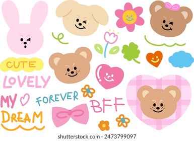 Pastel illustrations of puppy, bunny, flower, clover leaf, heart, teddy bear, pink ribbon for friendship icon, logo, animal, easter, zoo, adopt pet, vet, cartoon character, comic, mascot, cute patches