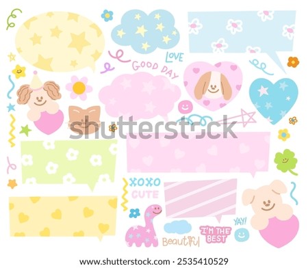 Pastel illustrations of text bubbles with dinosaur, cat, puppy, flowers, heart for cartoon, comic, chatting, dialogue, masking tape, stickers, communication, back to school, animals, pet shop, print