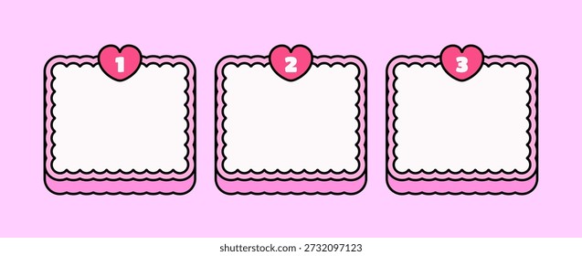 Infografía pastel con tres tarjetas redondeadas e iconos de números de corazón. Ideal para el proceso de pasos, comparación, línea de tiempo, lista de verificación, planificador y conceptos de diseño de presentación