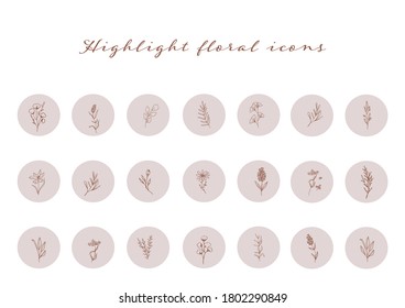 Pastel Insta Story Highlight Cover Icon. Highlight Story Natural. Hand Drawn Floral Logo Element.  Botanical Floral Natural Instagram Story. Hand Drawn Floral Element 