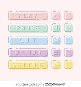 Conjunto de coleções de arte de 8 bits da barra de menu da interface do pastel. Texto e ícone do jogo de computador para jogar, pausar, sair, configuração, opção. Para desenvolvimento de jogos, aplicativo móvel, postagem de mídia social, vídeo